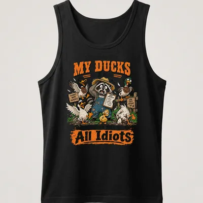 Cartoon illustration of a raccoon with ducks, humorously expressing chaos. — printed on a tank top