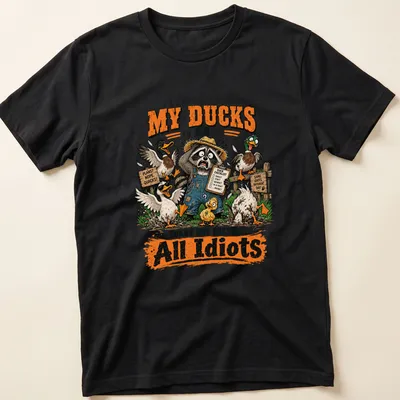 Cartoon illustration of a raccoon with ducks, humorously expressing chaos. — printed on a unisex t-shirt
