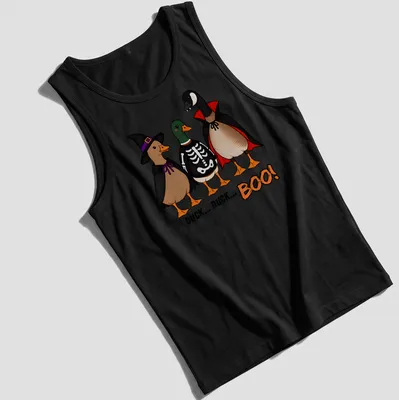 Cartoon ducks in costumes with the text Duck Duck Boo! in vibrant colors. — printed on a tank top