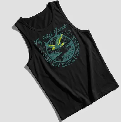 Vintage illustration of an eagle with text 'Fly High Jackie GONE BUT NEVER FORGOTTEN' in teal and yellow — printed on a tank top