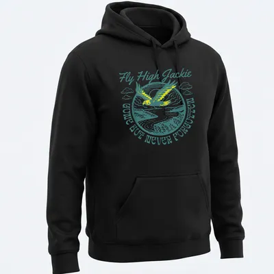 Vintage illustration of an eagle with text 'Fly High Jackie GONE BUT NEVER FORGOTTEN' in teal and yellow — printed on a unisex hoodie