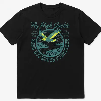 Vintage illustration of an eagle with text 'Fly High Jackie GONE BUT NEVER FORGOTTEN' in teal and yellow