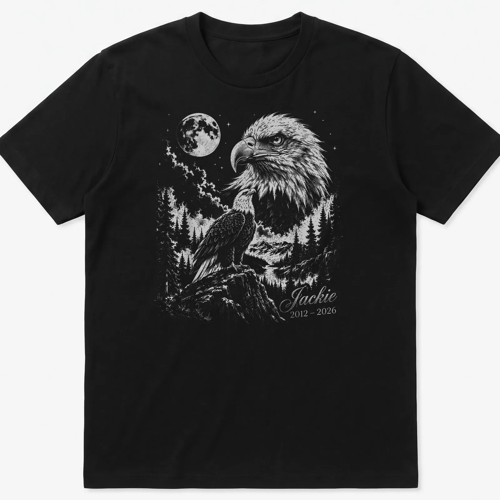 Detailed illustration of an eagle in flight with memorial text below. — printed on a unisex t-shirt