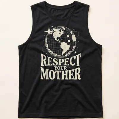 Retro Earth globe graphic with the text 'Respect Your Mother' in cream and gold — printed on a tank top