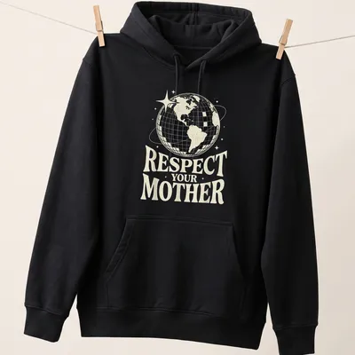 Retro Earth globe graphic with the text 'Respect Your Mother' in cream and gold — printed on a unisex hoodie