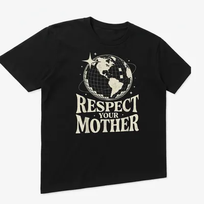 Retro Earth globe graphic with the text 'Respect Your Mother' in cream and gold — printed on a unisex t-shirt (angled view)