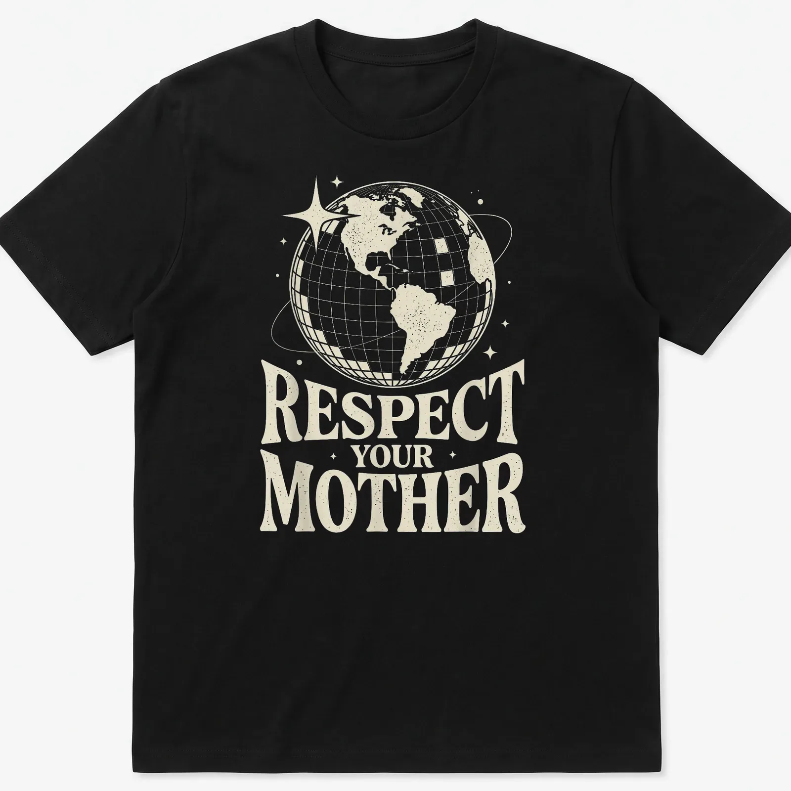 Retro Earth globe graphic with the text 'Respect Your Mother' in cream and gold — printed on a unisex t-shirt