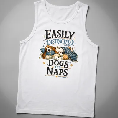 Whimsical illustration of a sleeping beagle with the text 'Easily Distracted By Dogs And Naps' — printed on a tank top