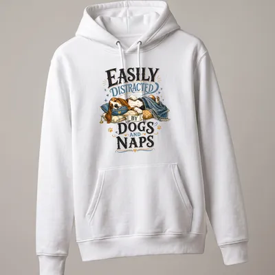 Whimsical illustration of a sleeping beagle with the text 'Easily Distracted By Dogs And Naps' — printed on a unisex hoodie