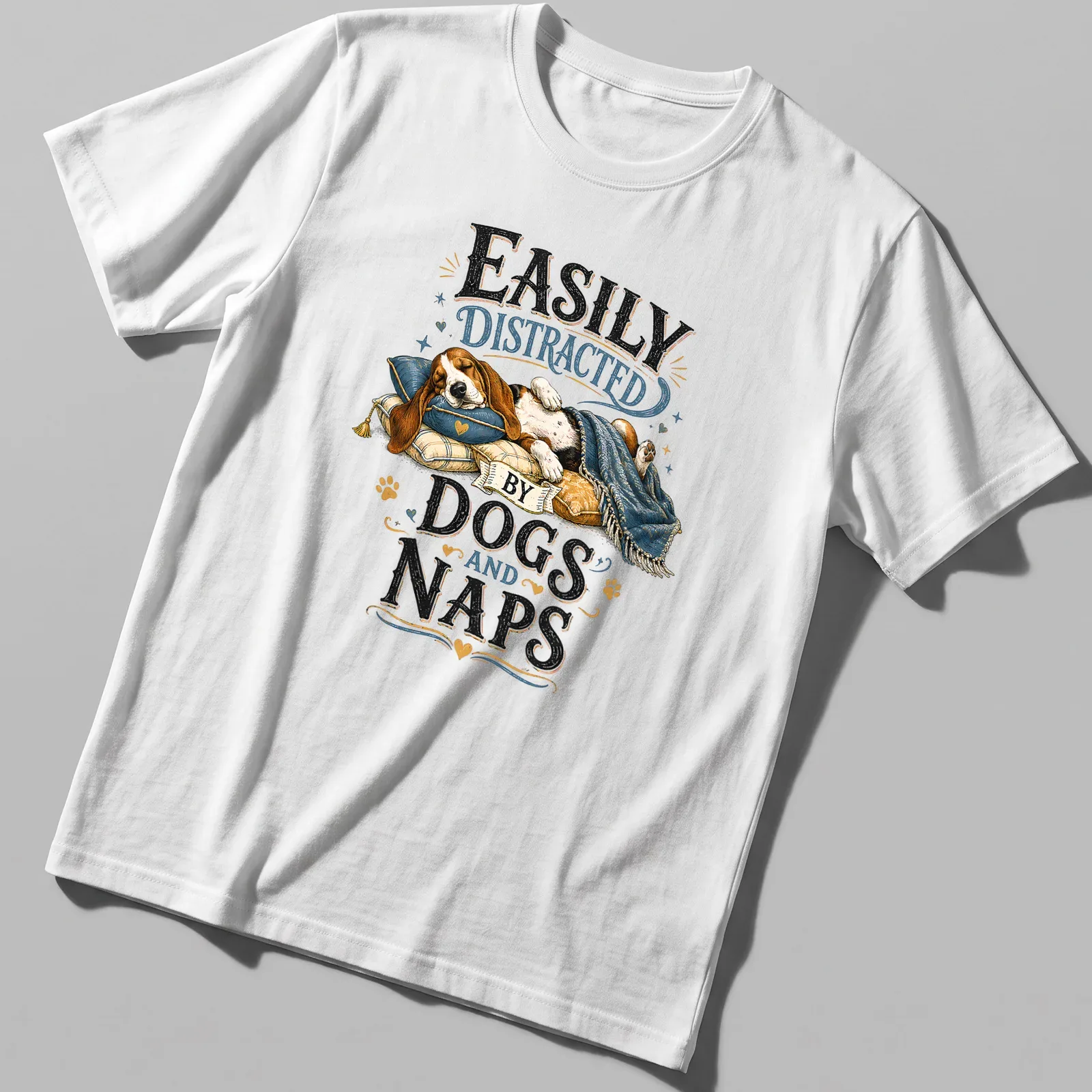 Whimsical illustration of a sleeping beagle with the text 'Easily Distracted By Dogs And Naps' — printed on a unisex t-shirt