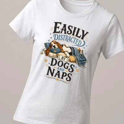 Whimsical illustration of a sleeping beagle with the text 'Easily Distracted By Dogs And Naps' — printed on a women's shirt