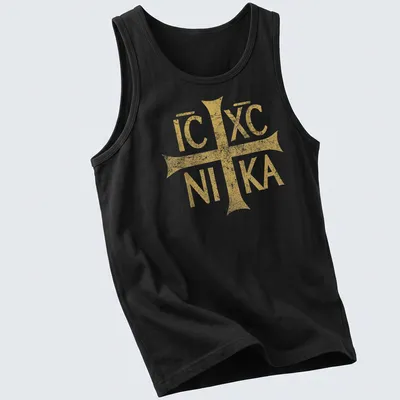 Distressed vintage t-shirt featuring the Eastern Orthodox Christian symbol IC XC NIKA in gold — printed on a tank top