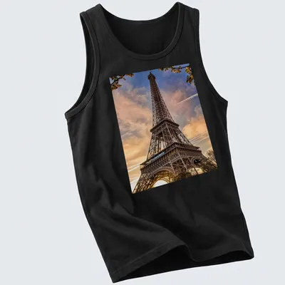 Photographic print of the Eiffel Tower in golden, blue, pink, and orange hues — printed on a tank top