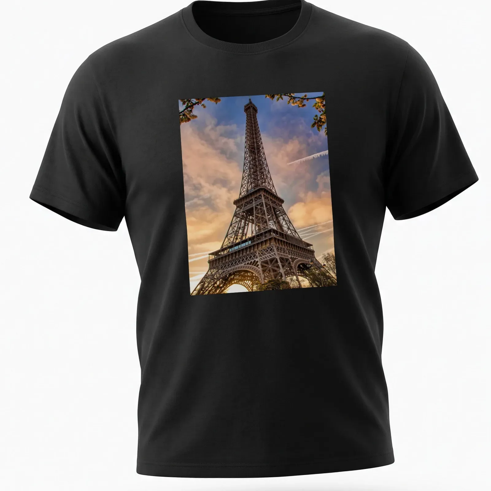 Photographic print of the Eiffel Tower in golden, blue, pink, and orange hues — printed on a unisex t-shirt