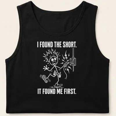 Electrician humor t-shirt with cartoon illustration and bold text on white background — printed on a tank top
