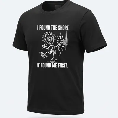 Electrician humor t-shirt with cartoon illustration and bold text on white background