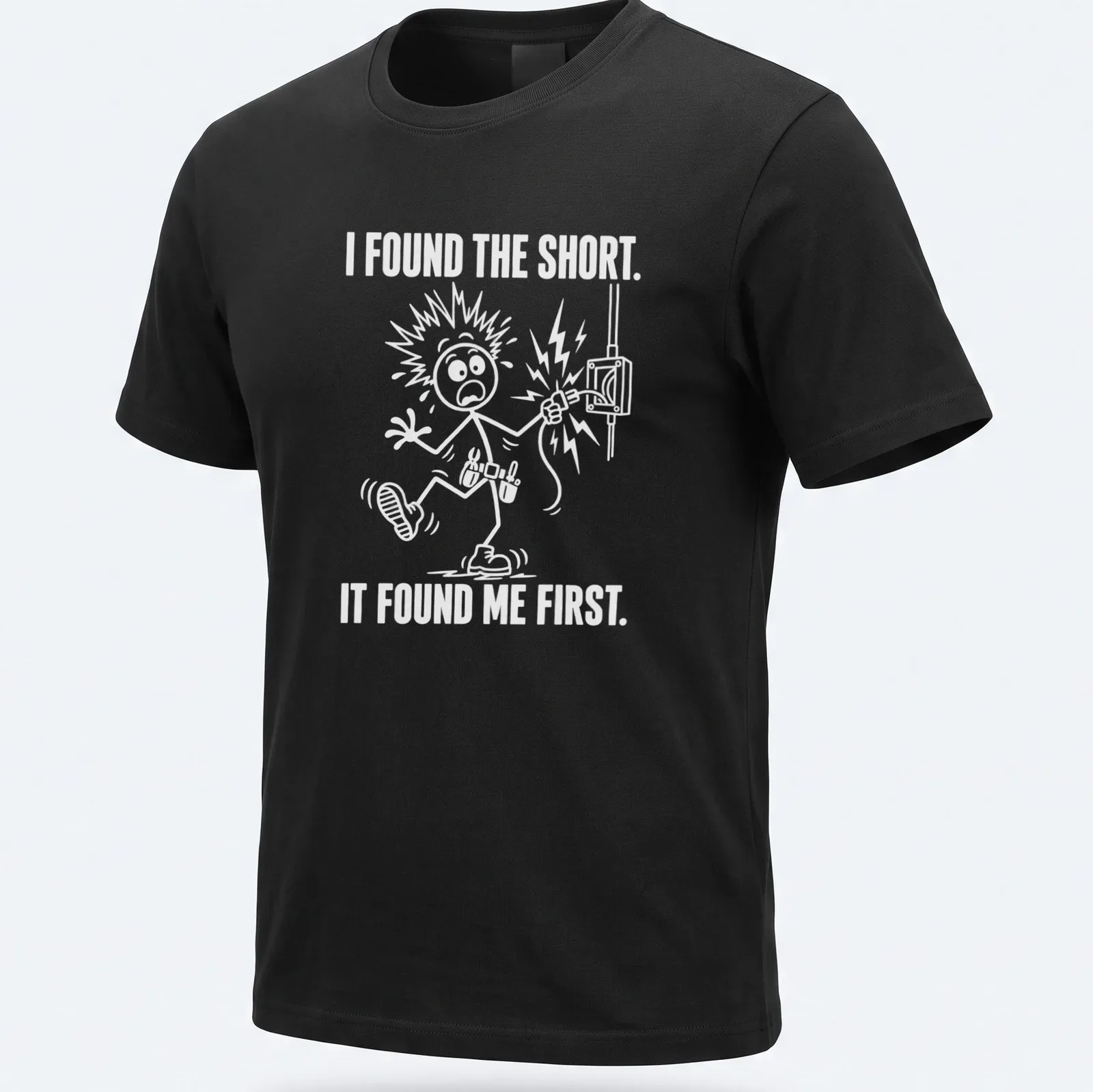 Electrician humor t-shirt with cartoon illustration and bold text on white background — printed on a unisex t-shirt