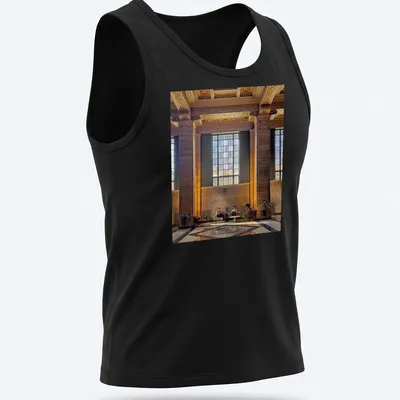 Modern architectural print of an interior scene with people in gold, brown, green, blue, and purple — printed on a tank top