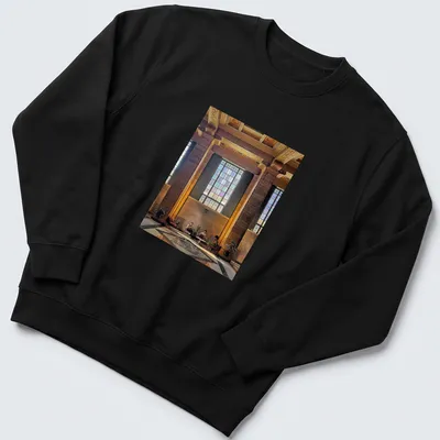 Modern architectural print of an interior scene with people in gold, brown, green, blue, and purple — printed on a unisex sweatshirt