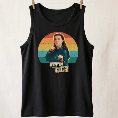 Retro Enola Holmes t-shirt with colorful text and vibrant colors — printed on a tank top