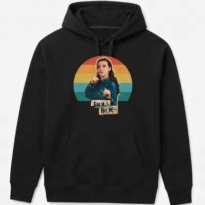 Retro Enola Holmes t-shirt with colorful text and vibrant colors — printed on a unisex hoodie