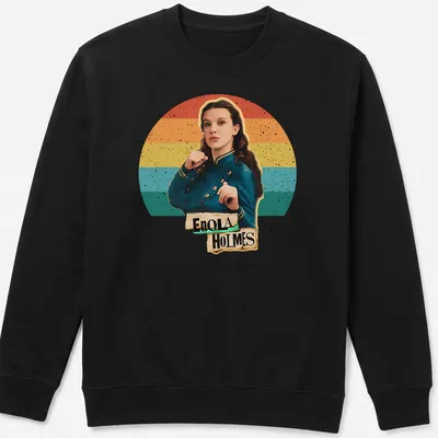 Retro Enola Holmes t-shirt with colorful text and vibrant colors — printed on a unisex sweatshirt
