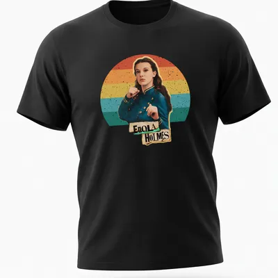 Retro Enola Holmes t-shirt with colorful text and vibrant colors