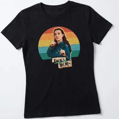 Retro Enola Holmes t-shirt with colorful text and vibrant colors — printed on a women's shirt
