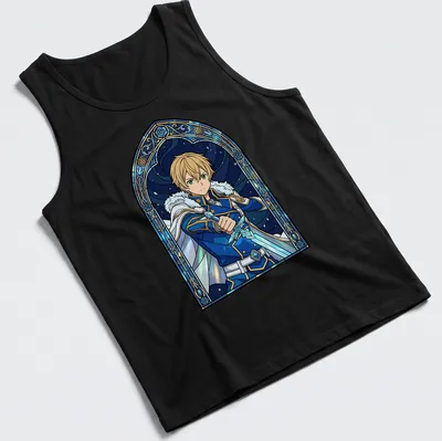 Stained glass design of Eugeo from Sword Art Online in blue, gold, and black — printed on a tank top