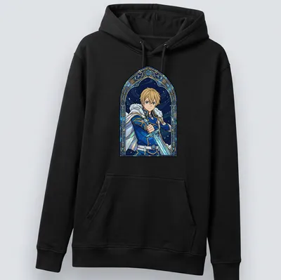 Stained glass design of Eugeo from Sword Art Online in blue, gold, and black — printed on a unisex hoodie