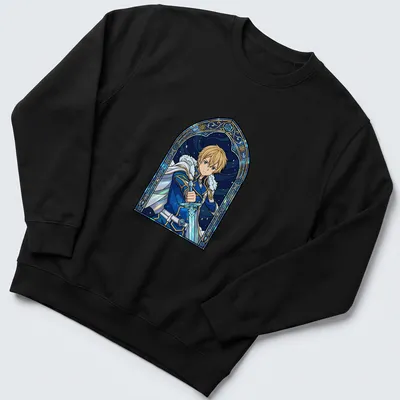 Stained glass design of Eugeo from Sword Art Online in blue, gold, and black — printed on a unisex sweatshirt