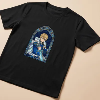 Stained glass design of Eugeo from Sword Art Online in blue, gold, and black
