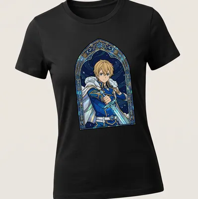 Stained glass design of Eugeo from Sword Art Online in blue, gold, and black — printed on a women's shirt