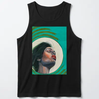 Watercolor portrait of an expressive woman in teal, green, red, and black. — printed on a tank top