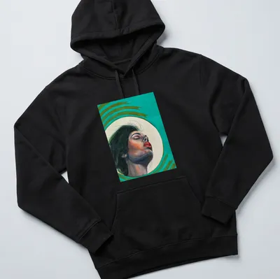 Watercolor portrait of an expressive woman in teal, green, red, and black. — printed on a unisex hoodie