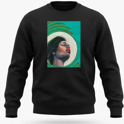 Watercolor portrait of an expressive woman in teal, green, red, and black. — printed on a unisex sweatshirt