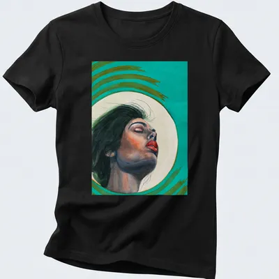 Watercolor portrait of an expressive woman in teal, green, red, and black. — printed on a women's shirt