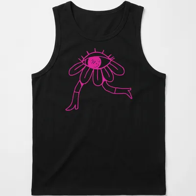 Simple line art of a pink eye flower with black outline — printed on a tank top