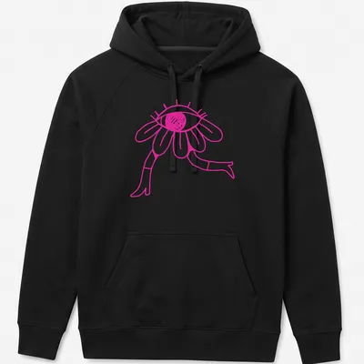Simple line art of a pink eye flower with black outline — printed on a unisex hoodie