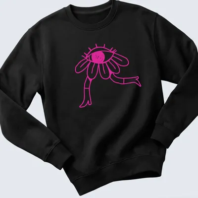 Simple line art of a pink eye flower with black outline — printed on a unisex sweatshirt