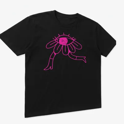 Simple line art of a pink eye flower with black outline — printed on a unisex t-shirt (angled view)