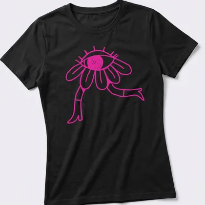 Simple line art of a pink eye flower with black outline — printed on a women's shirt