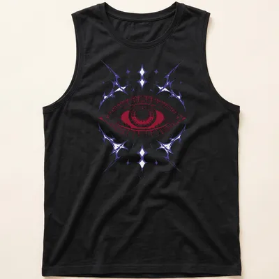 Intricate line-art design of an eye in red, purple, and white. — printed on a tank top