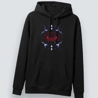 Intricate line-art design of an eye in red, purple, and white. — printed on a unisex hoodie