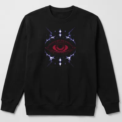 Intricate line-art design of an eye in red, purple, and white. — printed on a unisex sweatshirt