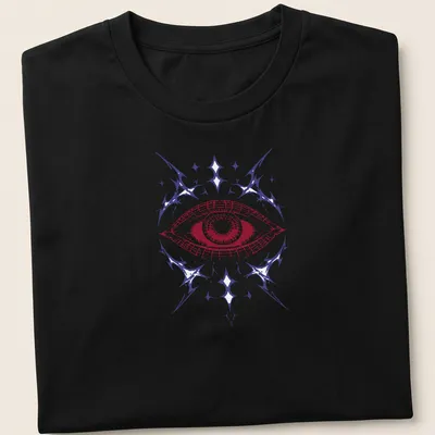Intricate line-art design of an eye in red, purple, and white.