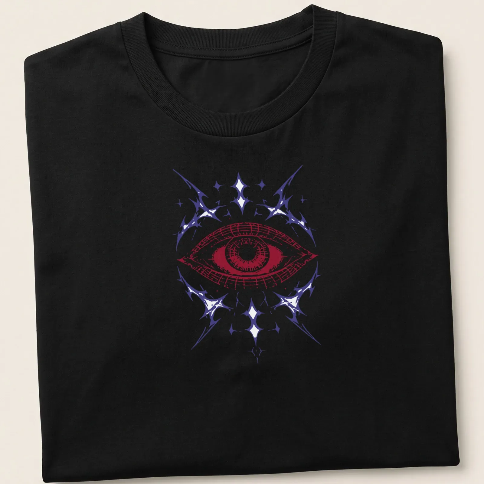 Intricate line-art design of an eye in red, purple, and white. — printed on a unisex t-shirt