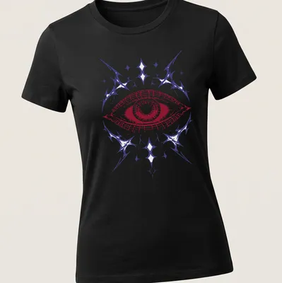 Intricate line-art design of an eye in red, purple, and white. — printed on a women's shirt