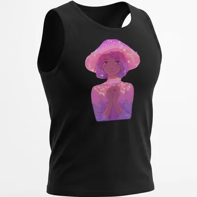 Whimsical illustration of a fairy girl next to a glowing pink mushroom — printed on a tank top