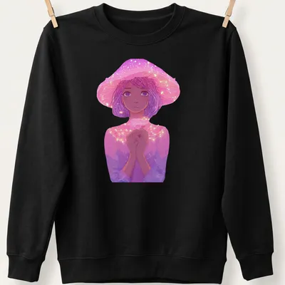 Whimsical illustration of a fairy girl next to a glowing pink mushroom — printed on a unisex sweatshirt